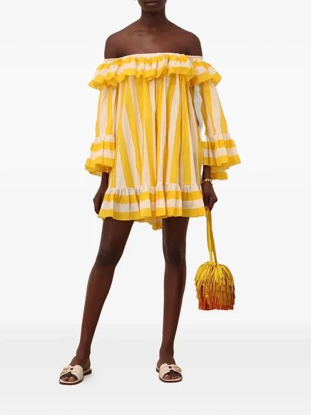 Женское платье Zimmermann Daylight мини в полоску с рюшами, желтое