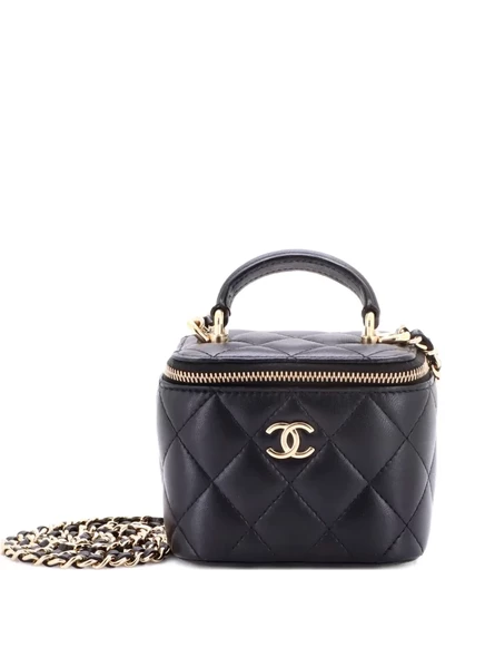Бывшая в употреблении классическая сумочка для туалетного столика CHANEL с верхней ручкой и цепочкой, мини-сумка через плечо из стеганой овечьей кожи