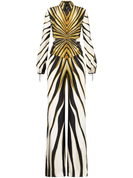 Шелковый комбинезон Roberto Cavalli с золотым принтом Ray of Gold neutrals