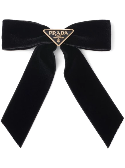 Бархатная заколка для волос с бантом-треугольником и логотипом Prada black