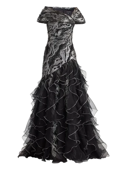 Женское макси-платье Tadashi Shoji металлик с оборками, черное