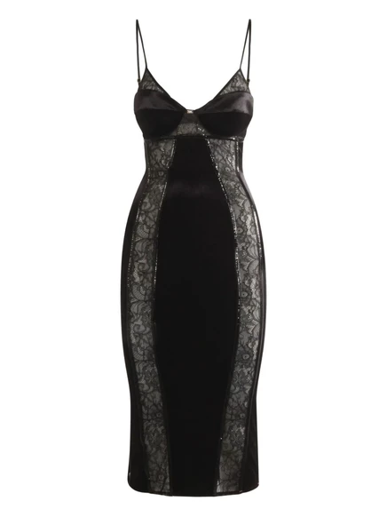 Бархатное платье миди с кружевными вставками Elisabetta Franchi black