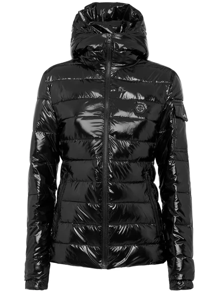 Женская стёганая куртка Philipp Plein с фирменной пластиной, черная