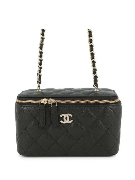Маленькая стеганая сумочка Caviar Rhinestone CC, бывшая в употреблении у CHANEL 2021-2025, с цепочкой через плечо, черный