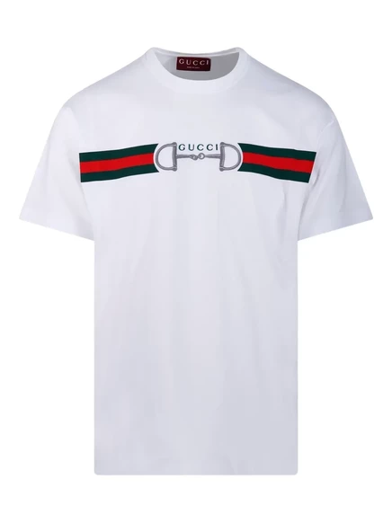 Мужская футболка Gucci с вышитым horsebit и полосой, белая