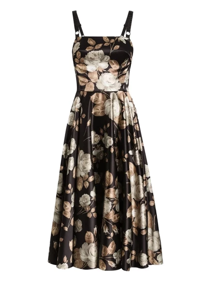 Женское платье Dolce & Gabbana миди из атласа с розами, черное