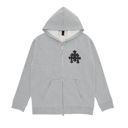 Худи на молнии Chrome Hearts Paper Jam Triple Leather Cross, серый меланж
