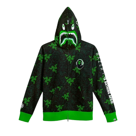Мужское худи Bape x Razer Shark на молнии в неоновом камуфляже, черное