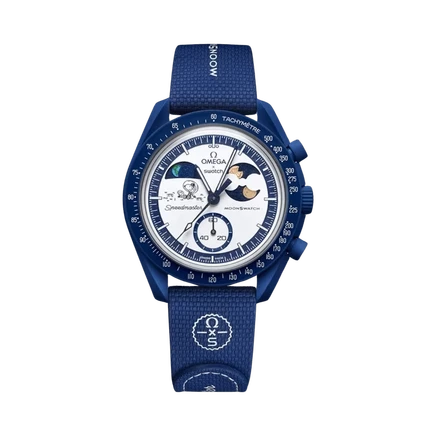 Часы Swatch x Omega Bioceramic Moon 'Миссия на Землю: Лунный свет Snoopy Gold Beaver Moon' синего цвета