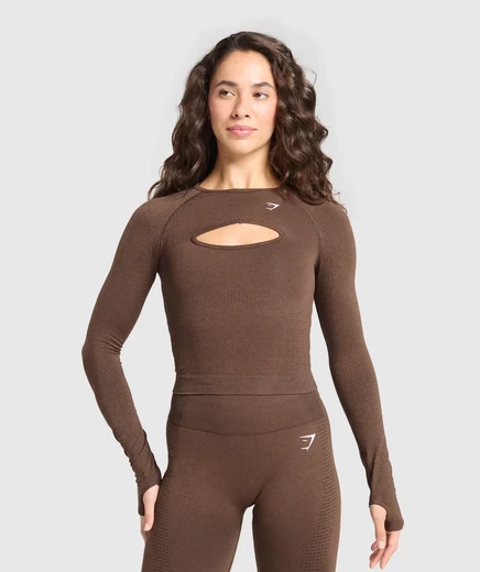 Женский лонгслив Gymshark Vital с вырезом, кофейный меланж