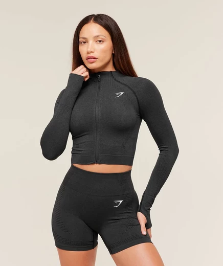 Женская куртка Gymshark Vital миди на молнии, бесшовная, черный меланж