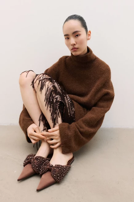 Женские мюли H&M атласные с бантом и бусинами, коричневые