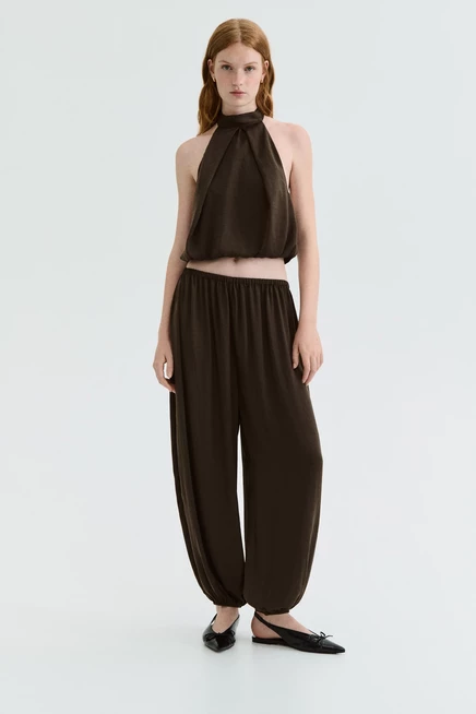 Женские сатиновые брюки H&M с шаровидным низом, тёмно-коричневые