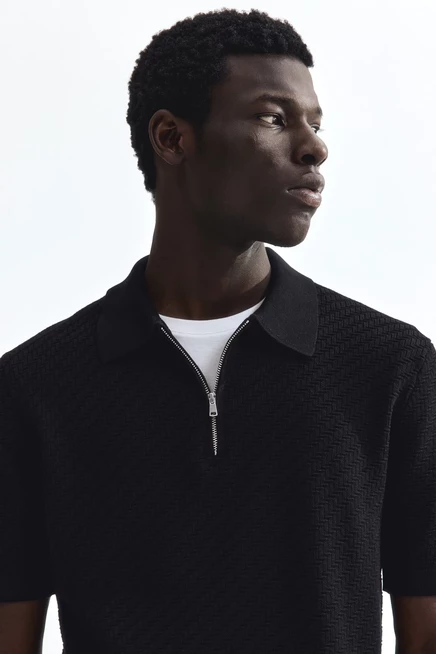 Мужская футболка‑поло H&M текстурная облегающая, черная