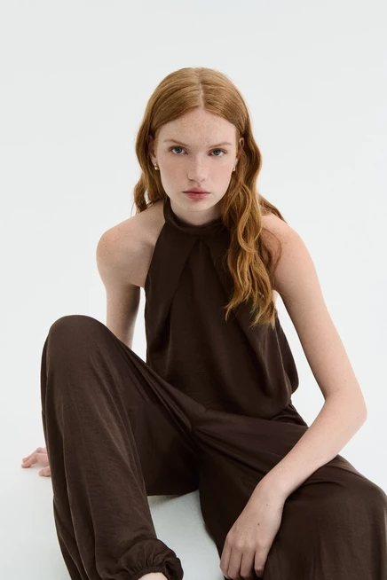 Женский топ-хальтер H&M сатиновый, тёмно-коричневый