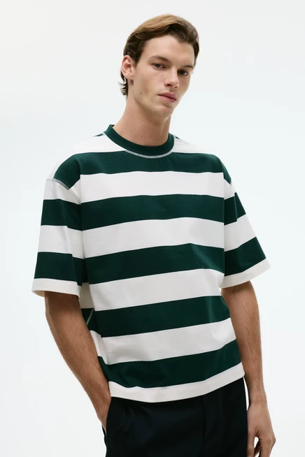 Мужская футболка H&M свободного кроя в полоску, темно-зеленая