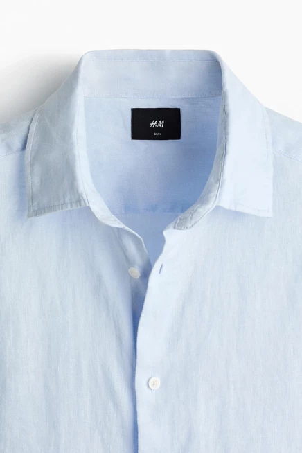 Мужская льняная рубашка H&M приталенная, светло-голубая