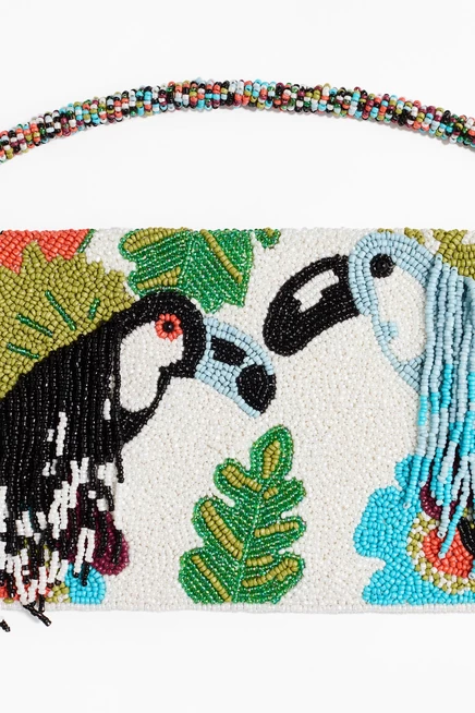 Женская сумка-клатч H&M с бисером, белая с попугаями