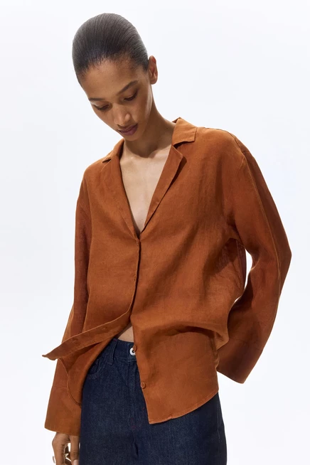 Женская льняная рубашка H&M оверсайз, темно-оранжевая