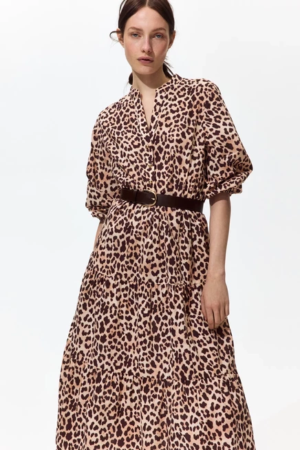 Женское платье H&M миди многоярусное, бежевое с леопардом