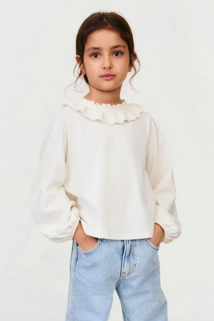 Блузка для девочек H&M хлопковая с ажурным воротником, белая