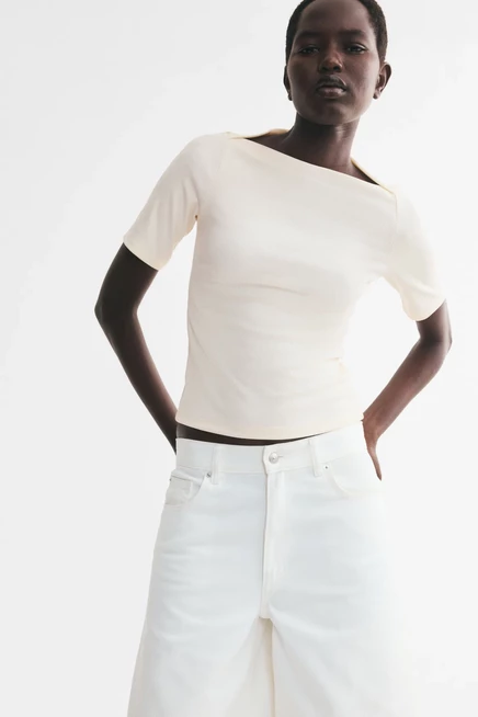 Rib-Knit Boat-Neck Top cream
