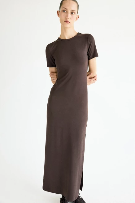 Женское платье-футболка H&M, длинное, темно-коричневое