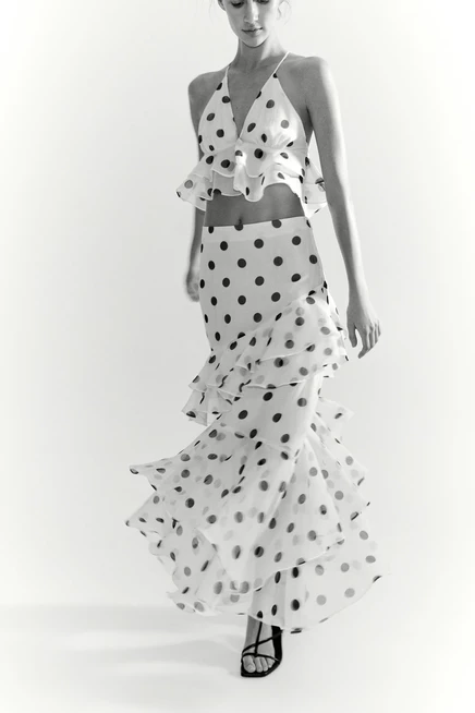 Flounced Skirt white/dotted