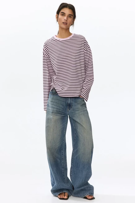 Женский лонгслив H&M, светло-розовый в полоску