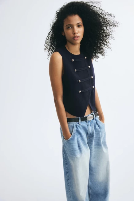 Double-Breasted Fine-Knit Vest navy blue