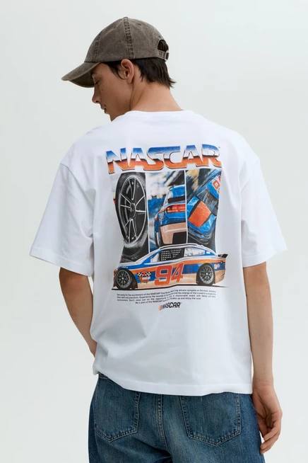 Мужская футболка свободного кроя H&M, белая с принтом Nascar