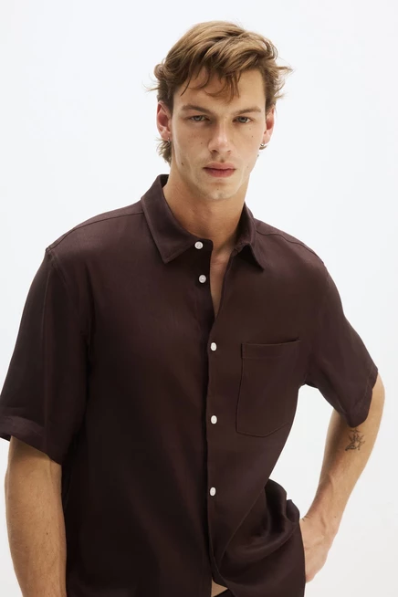 Мужская рубашка H&M из льняной смеси, темно-коричневая