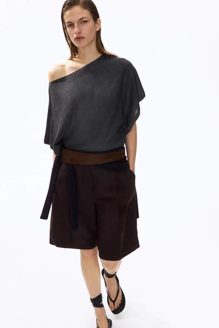 Batwing-Sleeved Fine-Knit Top dark gray melange