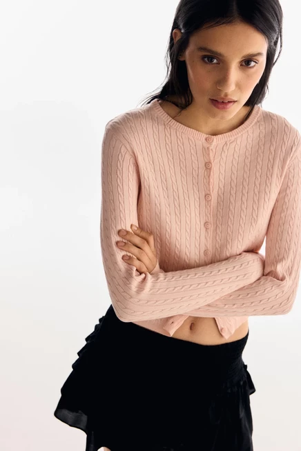 Женский кардиган H&M с фактурной вязкой, светло-розовый