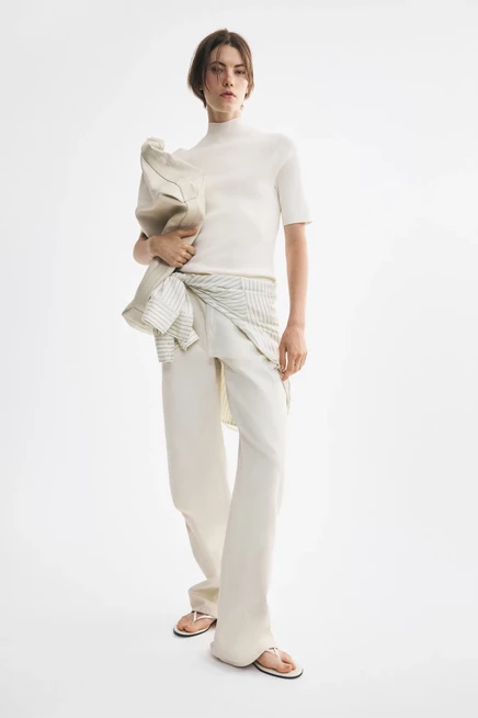 Silk-Blend Rib-Knit Mock Turtleneck Top cream