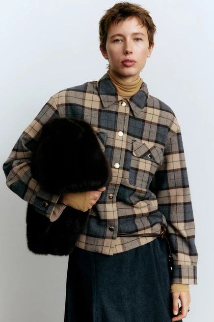 Женская рубашка-жакет H&M Oversized, бежевая в клетку
