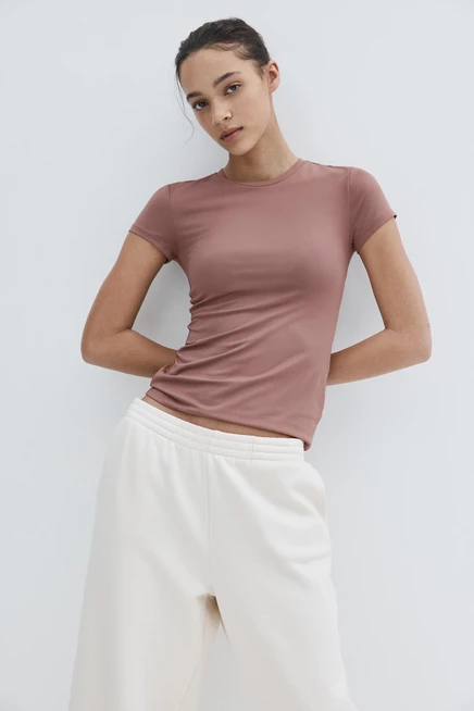 Женская приталенная футболка H&M из микрофибры, пыльно-розовая