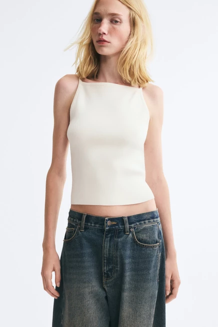 Rib-Knit Silk-Blend Strappy Top cream