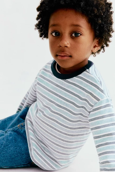 Long-Sleeved Cotton T-Shirt turquoise/striped