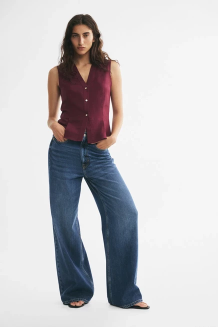 Linen-Blend V-Neck Vest dark plum red