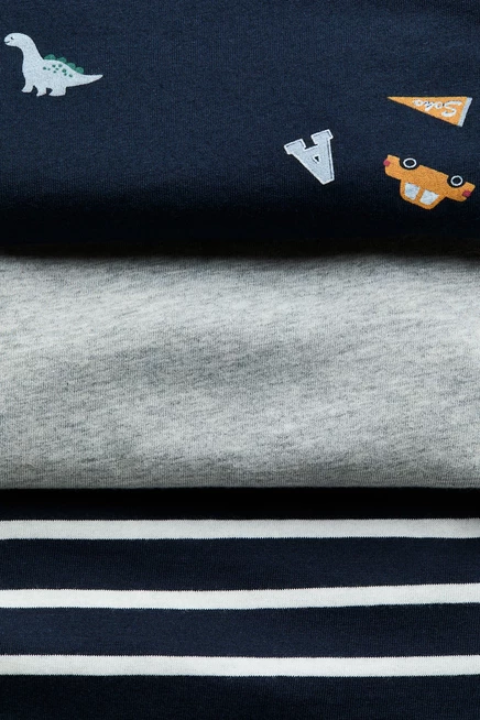 3-Pack Long-Sleeved Cotton T-Shirts navy blue/dinosaurs