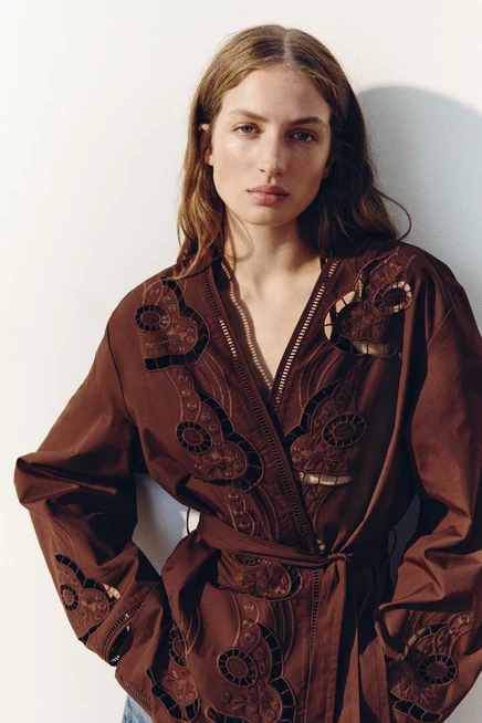 Женский жакет H&M с поясом и вышивкой, темно-коричневый