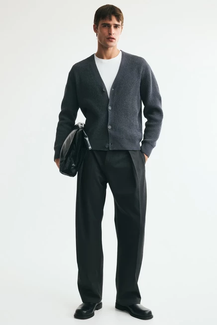 Relaxed Fit Patent-knit chenille cardigan dark gray