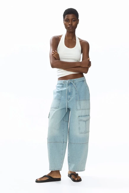 Женские джинсы H&M Barrel, средняя посадка, голубые