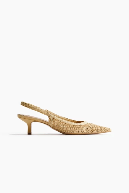 Kitten-Heeled Straw Slingbacks beige