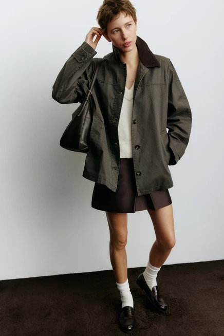 Женская куртка H&M свободного кроя с вельветовым воротником, темно-хаки