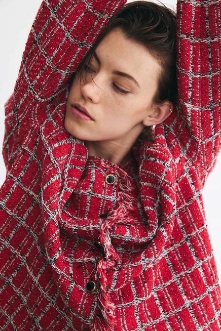 Frayed Jacquard-Knit Cardigan red/patterned