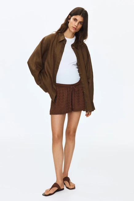 MAMA Pointelle-Knit Drawstring Shorts brown