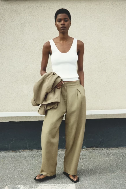 Женские брюки H&M Barrel-Leg из льна, цвета хаки
