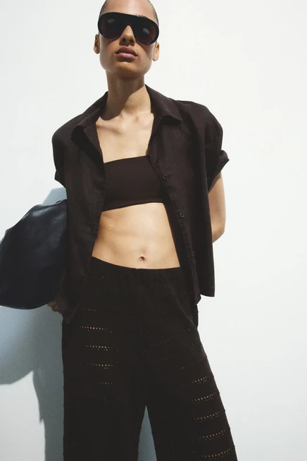 Wide-Leg Textured-Knit Pants dark brown